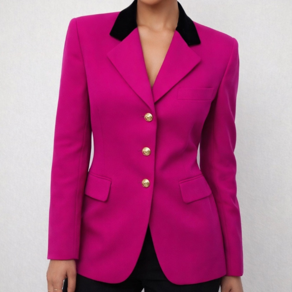 Escada Pink Blazer with Black Collar and Gold Buttons